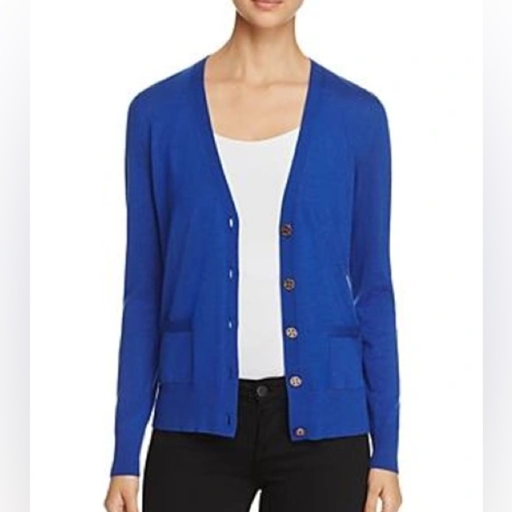 Tory Burch Royal Blue Wool Cardigan Sweater Size Small Lightweight Gold Buttons